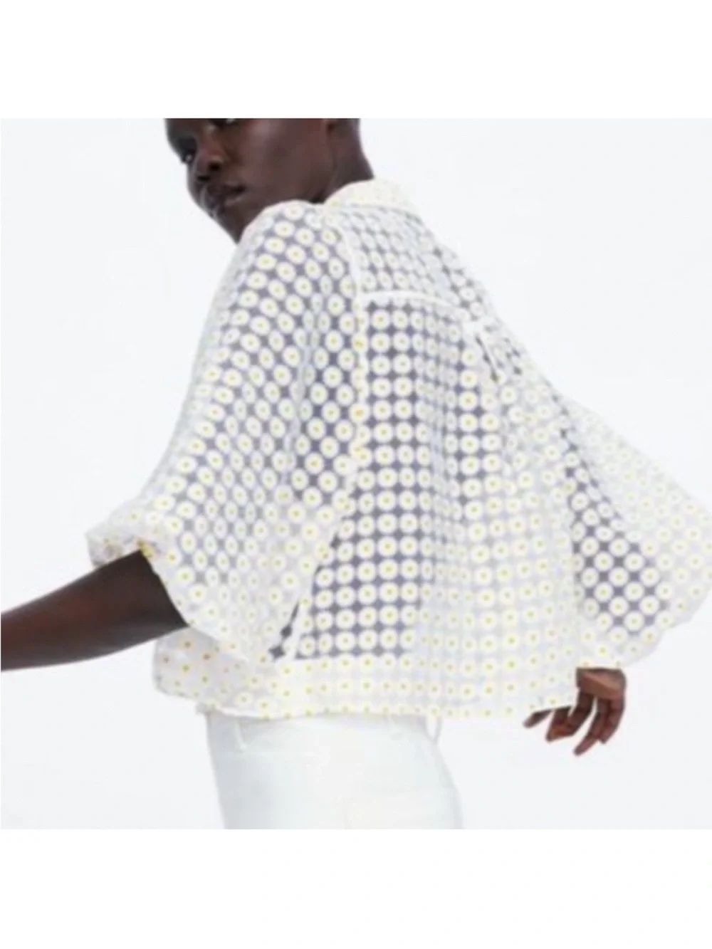 Zara Sheer Organza Daisy Print Button-Up Blouse Boho Resort Lux Cottagecore EUC